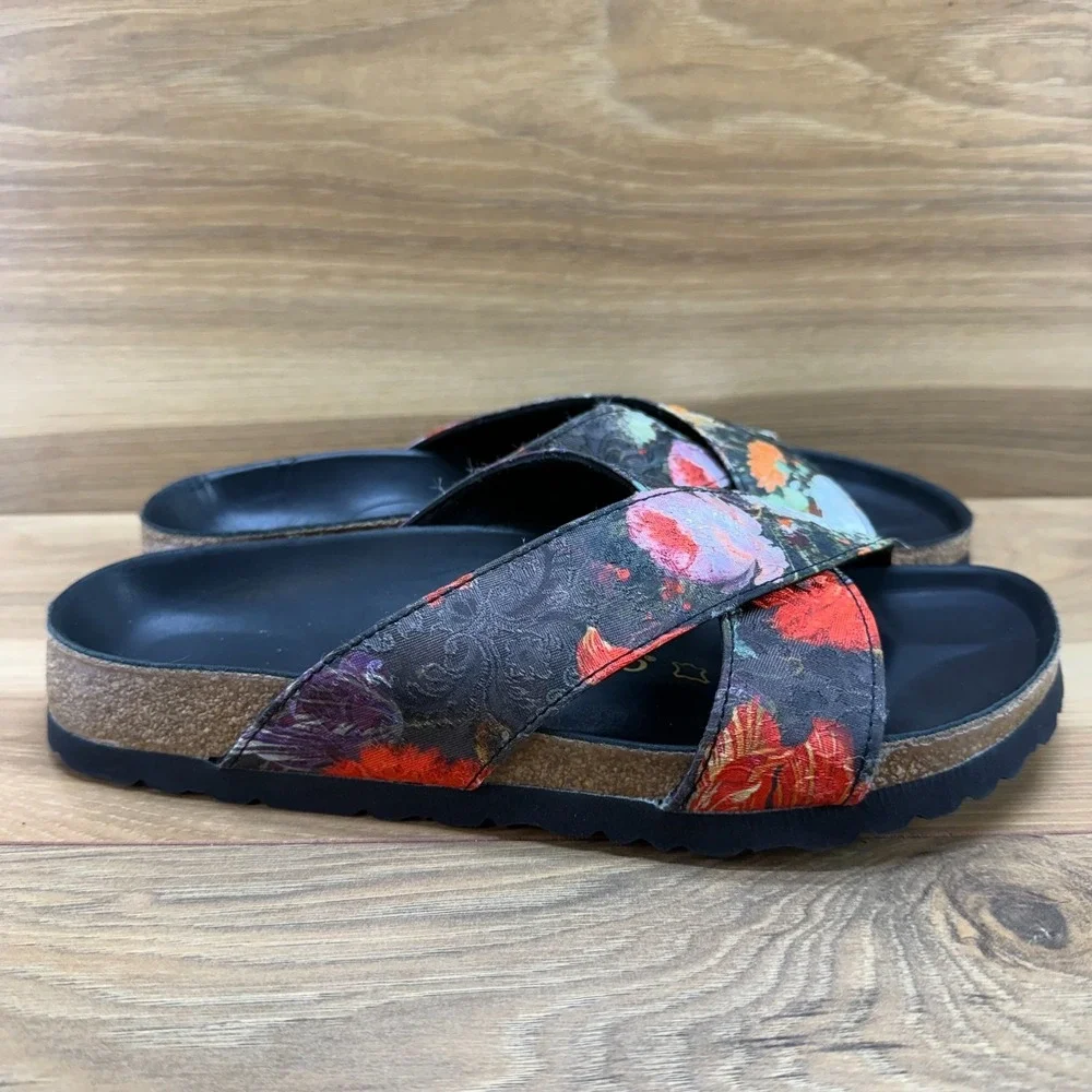 Birkenstock Papillio Daytona Floral Sandals 7 N EU 38 Black Cross Strap Slides - Picture 5 of 10